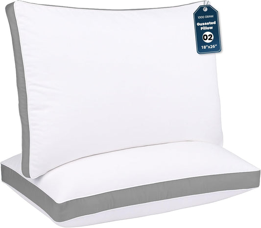 GOLD TEXTILES Pillows Queen Size Set of 2 (18x26 Inches) - Gusseted Hotel Quality Medium Firm Pillow - Plush Fiber Filling for Back & Side Sleeper, Easycare (Grey, Pack of 2)
