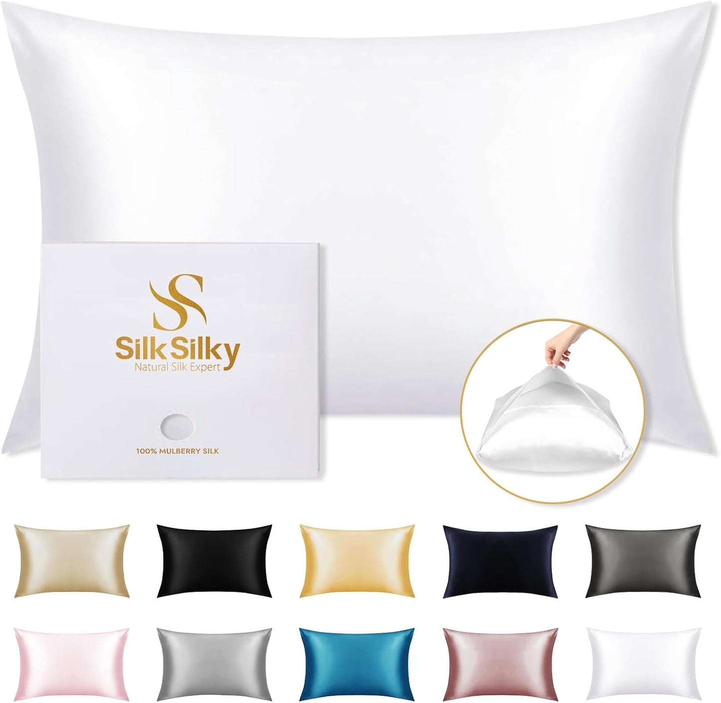 SilkSilky 100% Mulberry Silk Pillowcase - Pure 22 Momme High-Grade 6A Fibers for Hair & Skin, Envelope Closure, Natural, Organic, Breathable & Cooling Pillow Case (Standard, White)
