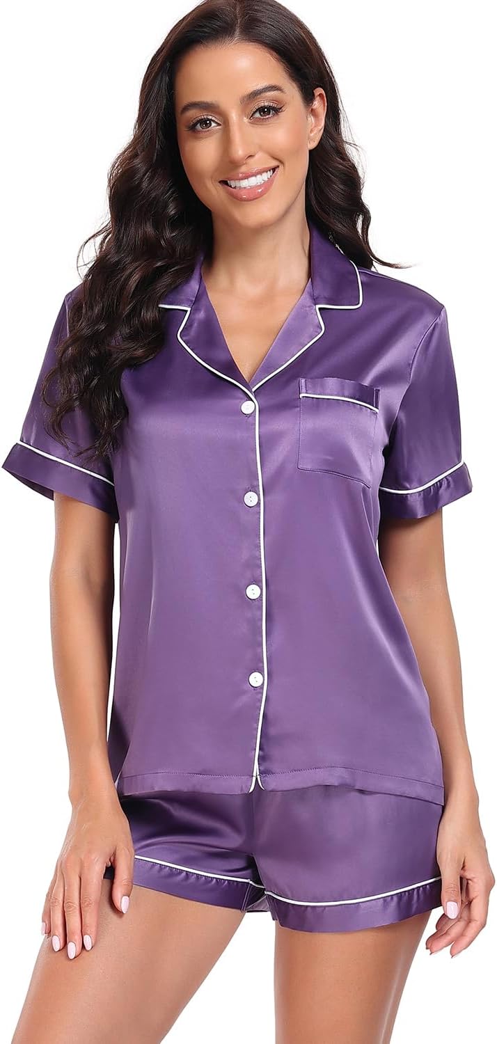 Women's Satin Pajama Set 2-Piece Sleepwear Loungewear Button Down Short Sleeve Silky PJ Set