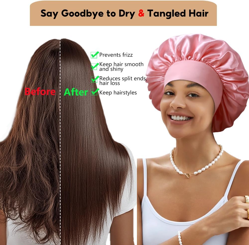 3+3 Large Satin Bonnets with Scrunchies for Women, Wide Band Hair Bonnet for Sleeping Braids Curly Hair