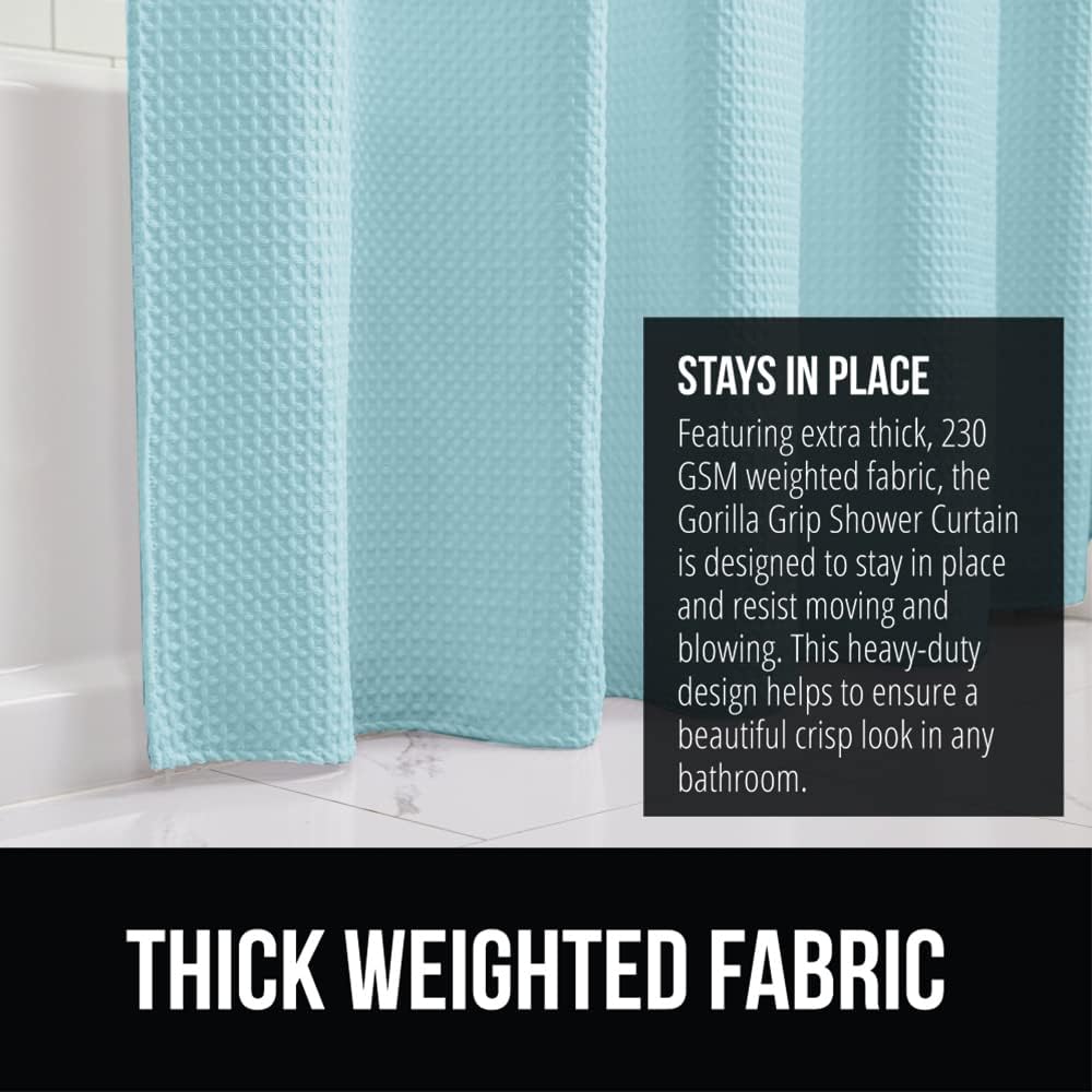GORILLA GRIP Waffle Shower Curtain, Thick Weighted Fabric, Wrinkle and Rust Resistant, Classic Hotel Quality Design, Heavy Duty Long Curtains for Bathroom Showers Bath Tubs Machine Wash 72x72 Spa Blue