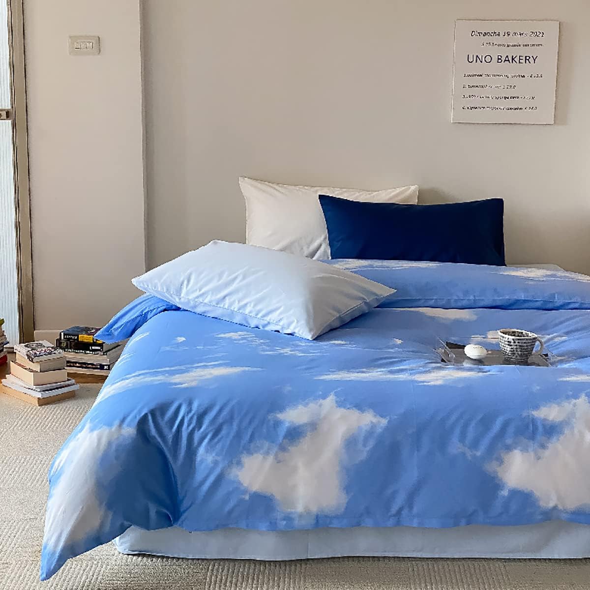 KAREVER Cotton Blue Cloud Comforter Set Twin Size Sky Blue Bedding Kids 3 Pieces Soft Light Blue Twin Comforter Bedding Set Boys Girls Solid Blue Twin Bed Blanket Set for All Season as Gift