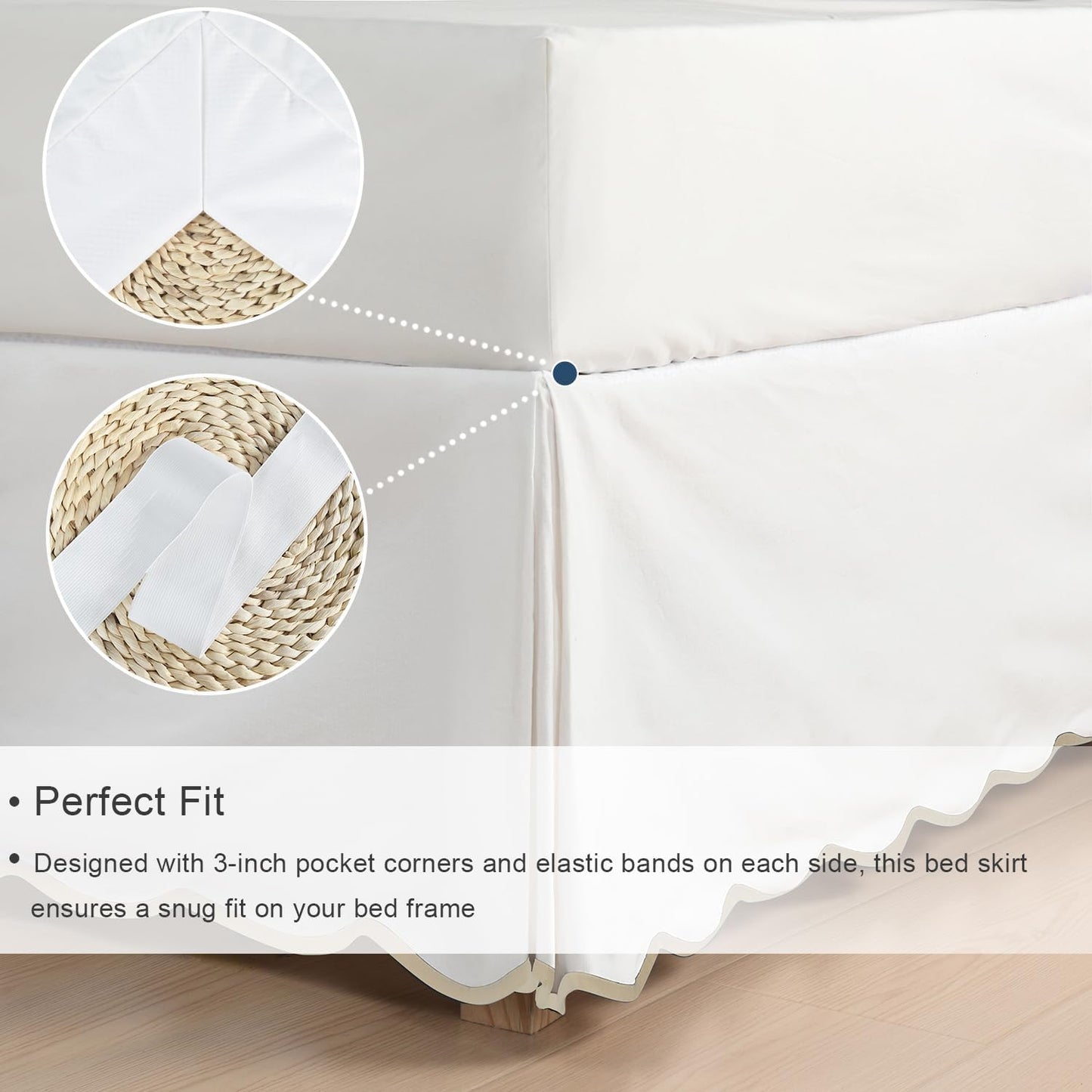 HIG Off-White Chic Full Bed Skirt - Easy Fit Scallop Edge Pleated Bedskirts, 14 Inch Drop Anti-Slip Dust Ruffle, Thick Fabric for Enhanced Privacy, Pre-Washed for Long-Lasting Use(N60022)