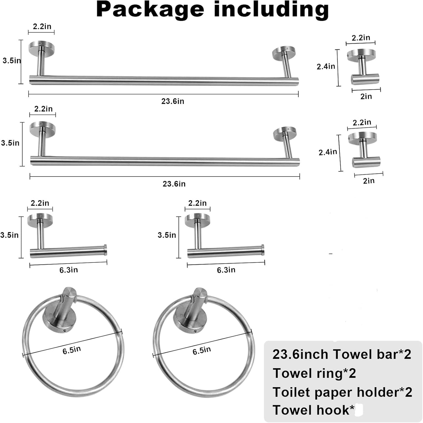 8 Pieces Bathroom Towel Rack Set, Includes 2PCS 23.6 inch Towel bar, 2PCStowel Hook, 2 PCS Towel Ring, 2PCS Toilet Paper Holder-Brushed Nickel Bathroom Accessories Sets