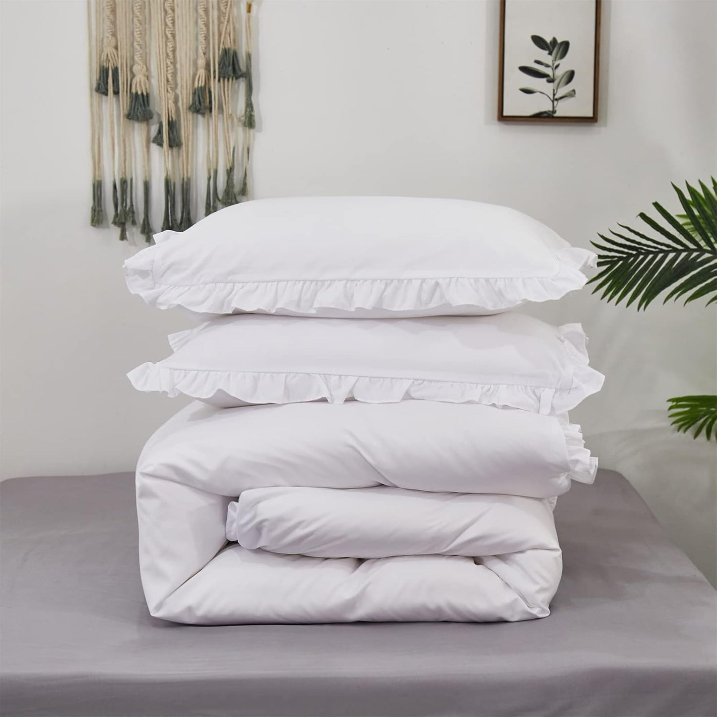 Cottonight White Comforter Set Queen Ruffle Bedding Comforter Set Farmhouse Boho Ruffles White Blanket Quilts Soft Breathable Bedding Set for Queen Bed