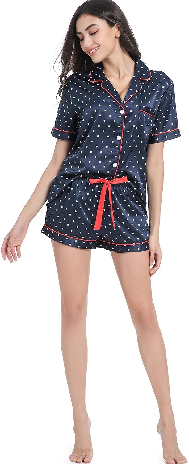 Women's Satin Pajama Set 2-Piece Sleepwear Loungewear Button Down Short Sleeve Silky PJ Set