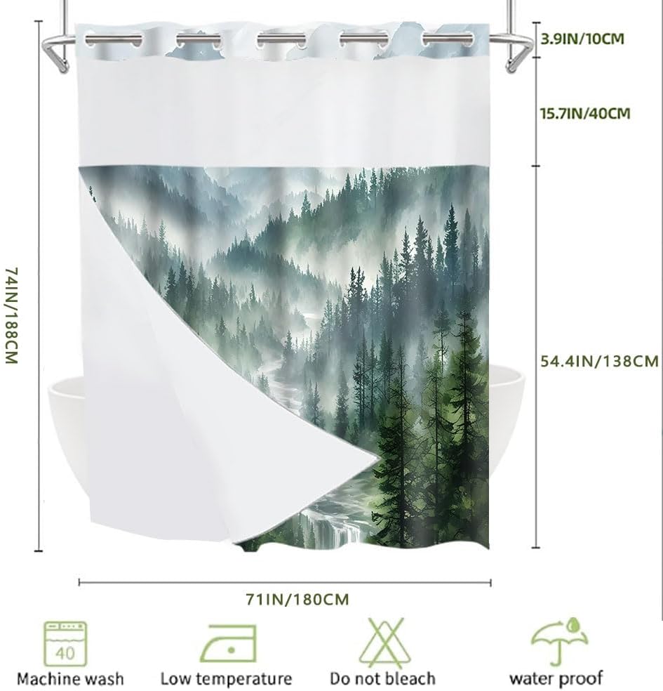 No Hook Mountain Shower Curtain with Snap in Liner Set Modern Forest for Bathroom Fabric Ringless Mist Pine Tree Curtains and Hotel Bathroom Indoor and Outdoor Decoration 71 x 74
