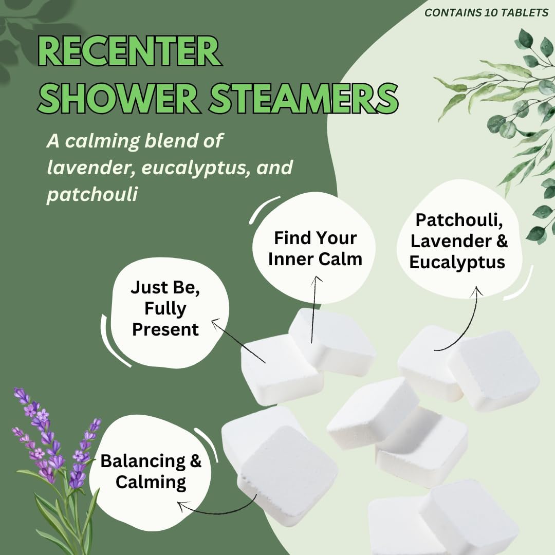Recenter Shower Steamers Aromatherapy for Relaxing - Christmas Gift - Adult Stocking Stuffer - USA Made - Lavender & Eucalyptus Shower Bomb Tablets - Soothing Natural Essential Oils (10 Pack)
