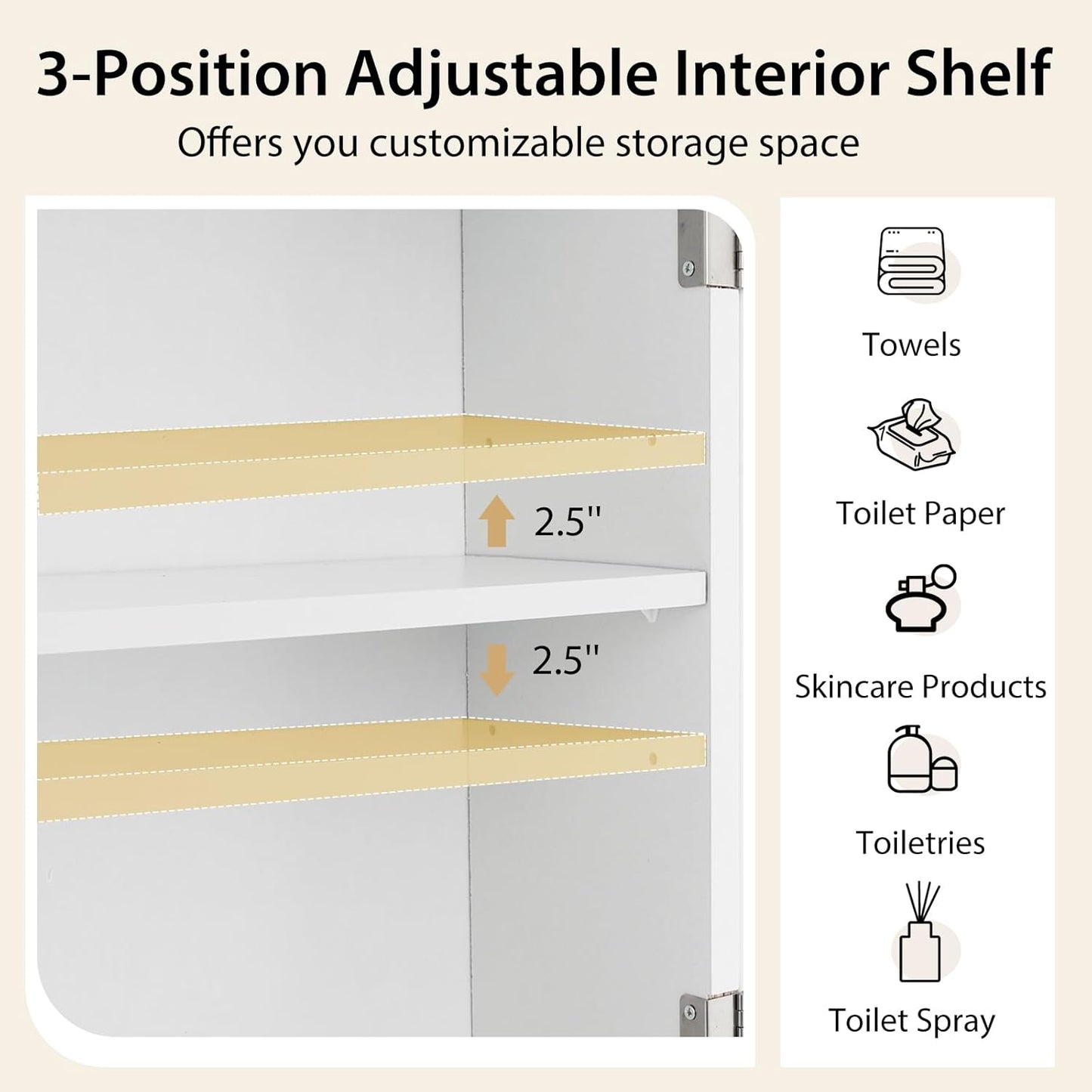 BestComfort Over The Toilet Storage Cabinet, Home Bathroom Space Saver Organizer Above Toilet, Double Doors and Adjustable Shelf, Wooden Freestanding Toilet Storage Rack Unit, 67 in H (White)