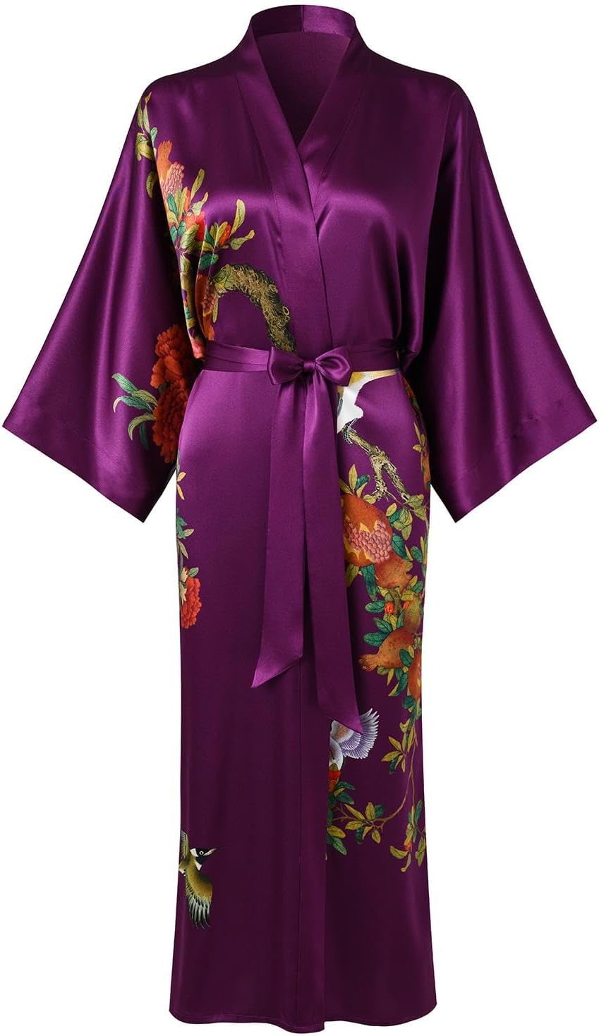 Women's Silk Kimono Robe Long Bathrobe Nightgown 100% Mulberry Silk for Women - Classic Floral Pattern
