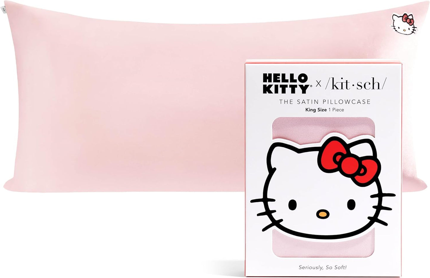 Kitsch x Hello Kitty (Pink Kitty Face) - Satin Pillowcase with Zipper for Hair and Skin, Softer Than Silk Pillow Case, Smooth Cooling Pillow Covers, Machine Washable, King Size (19x36)