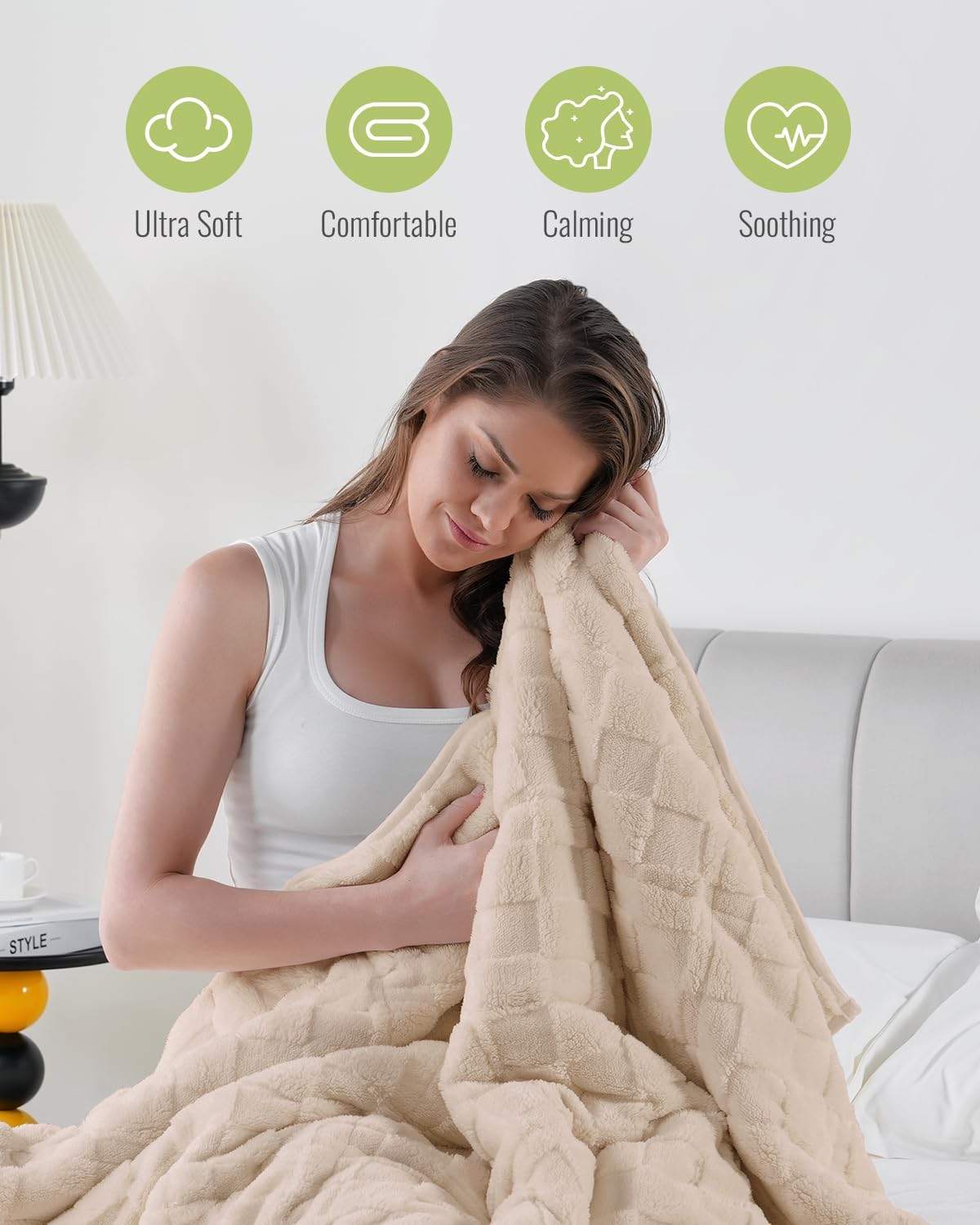 Uttermara Sherpa Fleece Weighted Blanket Full Size(15lbs, 48" x 72", Khaki), 3D Jacquard Checkered Warm Sherpa Heavy Blanket for Adults, Soft Fuzzy Weighted Blankets for Couch Bed Sofa