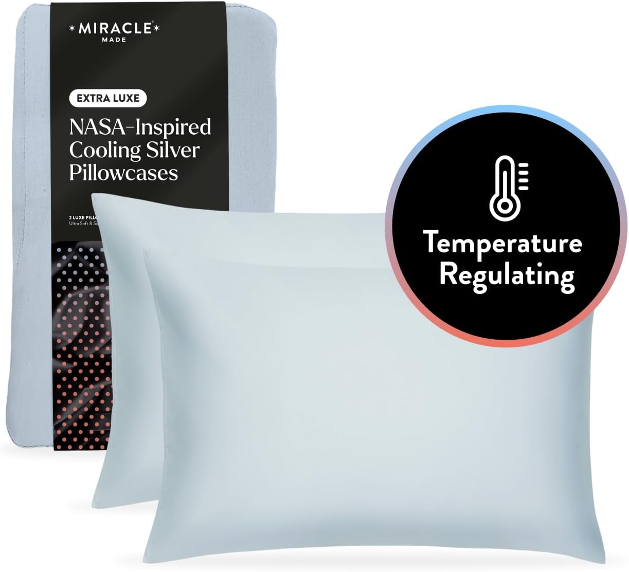 Miracle Made Extra Luxe Soft Cooling Pillowcase, 2-Piece Silver-Infused Cotton Fabric – Lightweight, Thermoregulating, Breathable Cover for Sensitive Skin, King/Cali King Size, Sky Blue