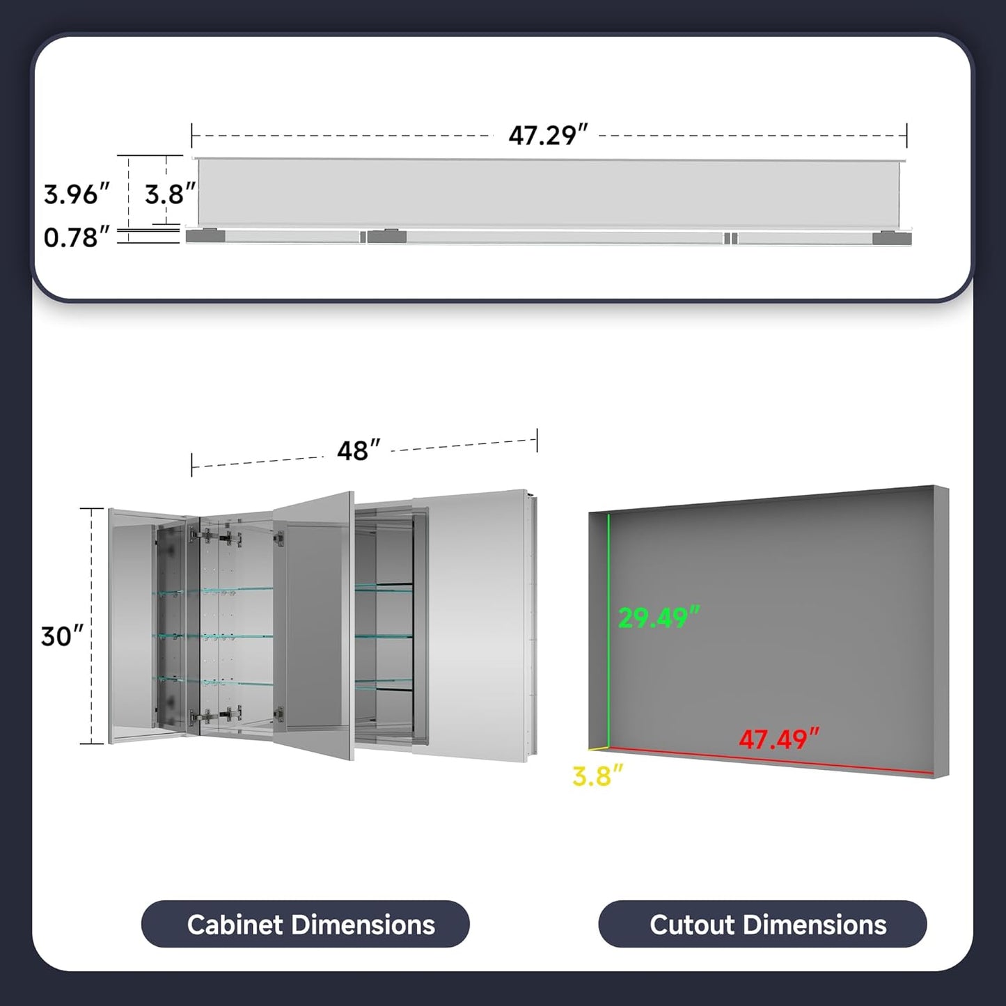 Medicine Cabinet 48" x 30", Bathroom Medicine Cabinet with Mirror, Recessed Medicine Cabinets with Adjustable Shelves, Soft-Closing Door, and Aluminum Alloy Frame - Reverse Installation, Silver