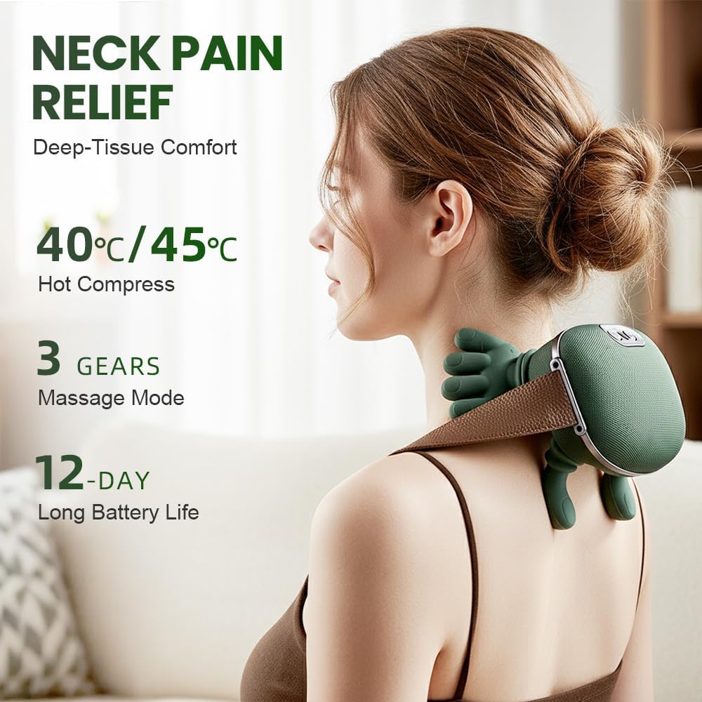 Neck Massager,2025 New Shoulder Massager with Heat Shiatsu 4D Kneading,Electric Neck and Back Massager for Relief (Green 1 Set)