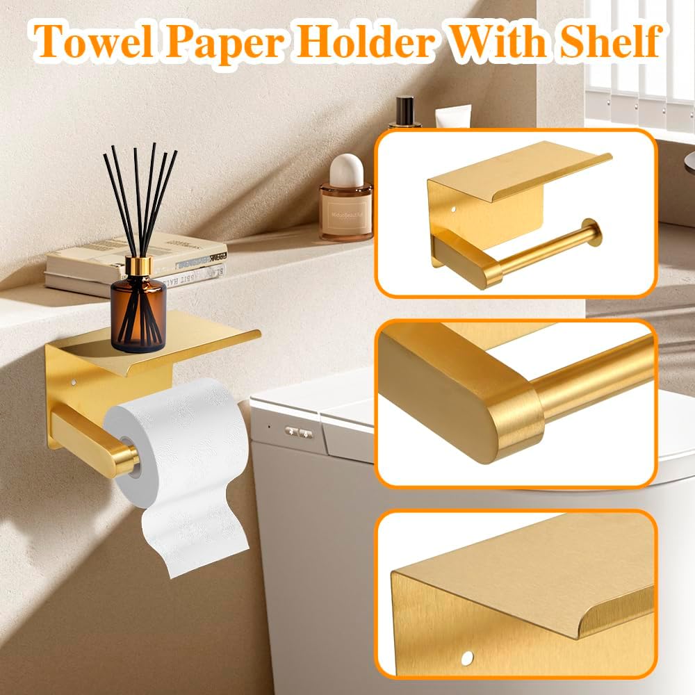 Gold 8-Piece Bathroom Hardware Set Stainless Steel, 24in and 16in Towel Bars Set Wall Mounted Bathroom Accessories