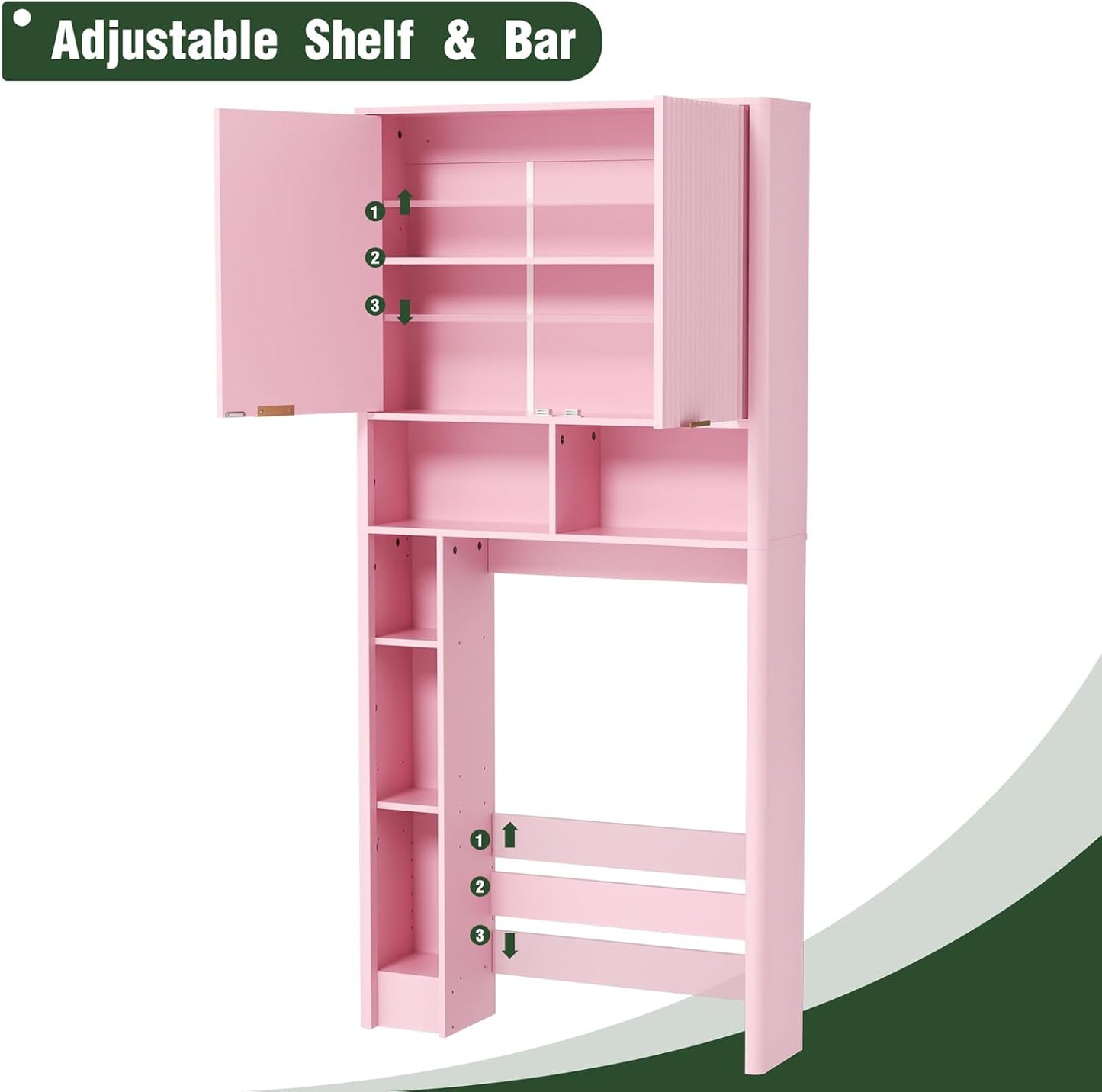 31" W Over The Toilet Storage Cabinet with Fluted Door, Pink Bathroom Organizer with Adjustable Shelf, Toilet Paper Holder Stand Wave Door for Restroom, Laundry Room