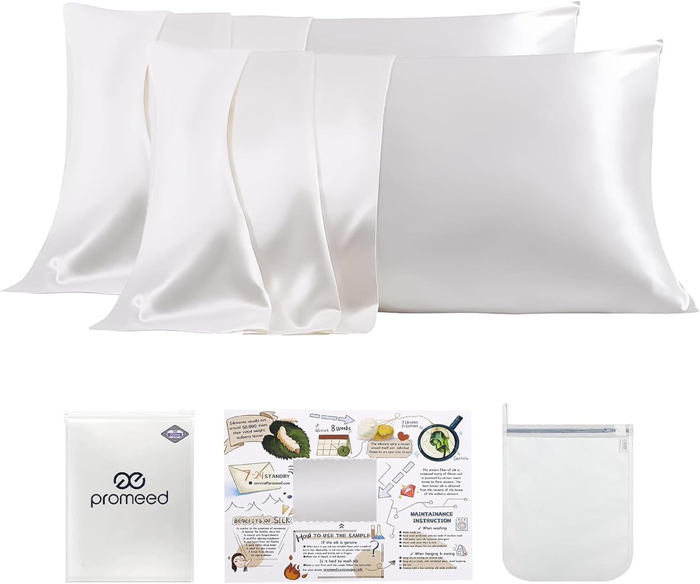 PROMEED White Silk Pillowcase 2 Pack for Hair and Skin, 100% 23 Momme Mulberry Silk Pillow Case Set of 2 with Hidden Zipper, Natural and Acne-Fighting (Queen 20"x30", White)