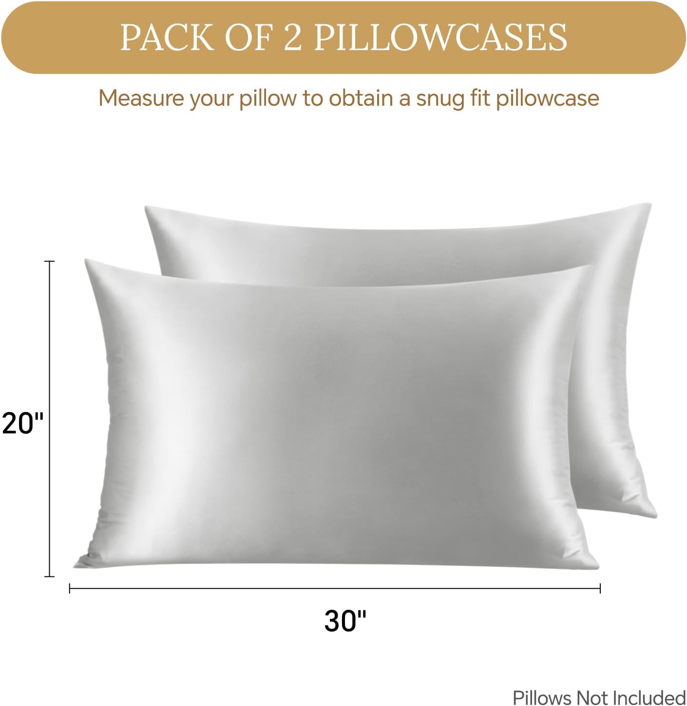 INFIIXSO Mulberry Silk Pillowcase for Hair and Skin, Silk Pillow Cases Queen Size Set of 2 with Hidden Zipper 20x30 Inches, Ultra Soft Cooling Pillow Cases for Hot Sleepers(Light Grey, 2 Pack)
