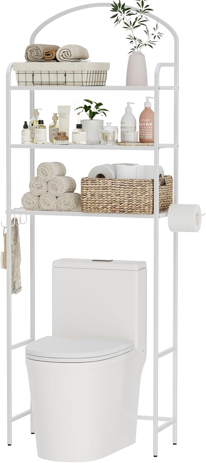 3-Tier Over The Toilet Storage, Bathroom Organizer, Space-Saving, Above Toilet Storage Rack with 4 Hooks and Paper Holder, Metal Shelf, White