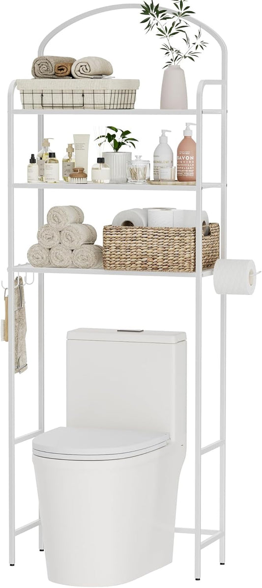 3-Tier Over The Toilet Storage, Bathroom Organizer, Space-Saving, Above Toilet Storage Rack with 4 Hooks and Paper Holder, Metal Shelf, White
