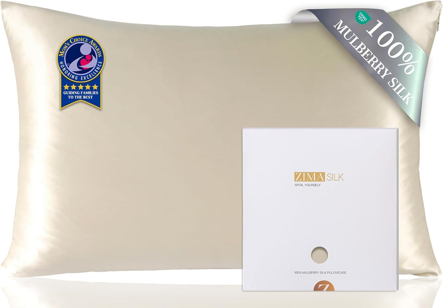 ZIMASILK 100% Pure Mulberry Silk Pillowcase for Hair and Skin Health,Soft and Smooth,Both Sides Premium Grade 6A Silk,600 Thread Count,with Hidden Zipper,1pc (King 20''x36'',Beige)