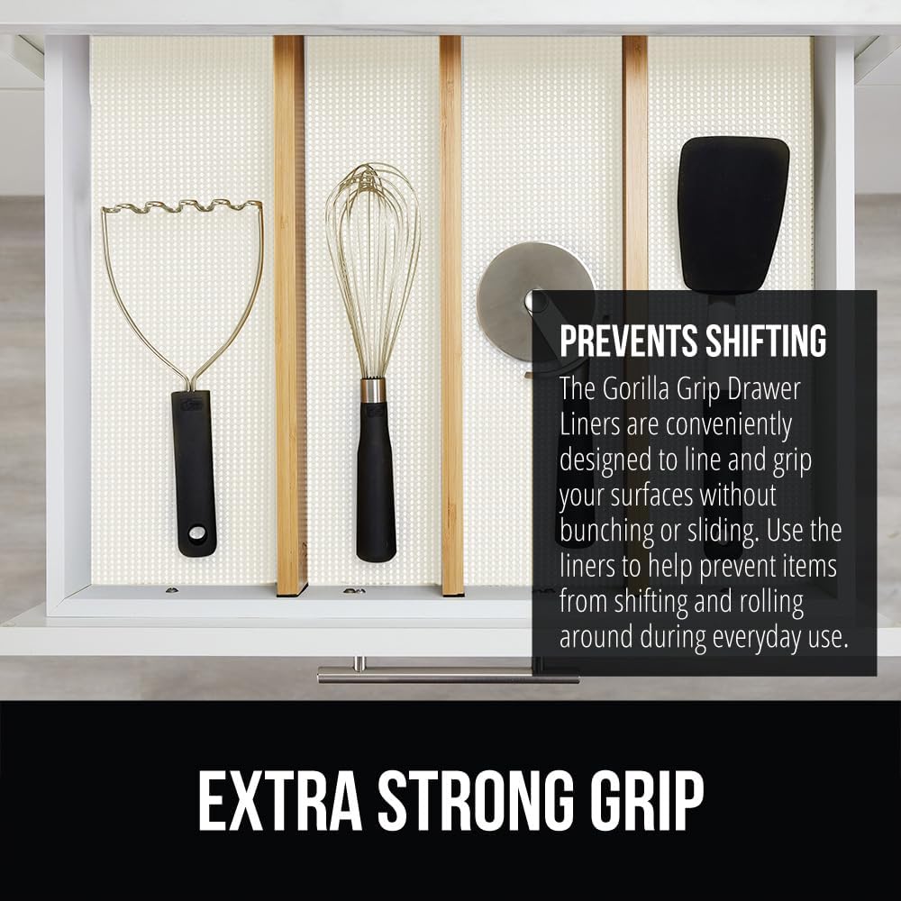 GORILLA GRIP powerGRIP Drawer Shelf and Cabinet Liner, Thick Strong Hold, Non-Adhesive Liners Protect Kitchen Cabinets and Cupboard, Bathroom Drawers, Easy Install, Breathable Mat, 20" x20' Snow White