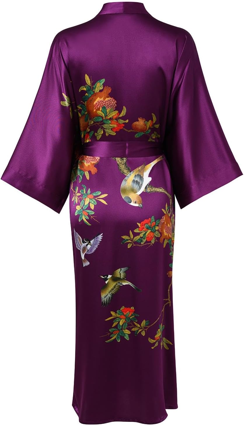 Women's Silk Kimono Robe Long Bathrobe Nightgown 100% Mulberry Silk for Women - Classic Floral Pattern