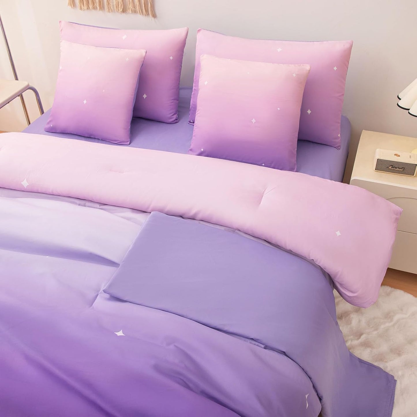 Rainbow Bedding Set Full Size – 7 Piece Reversible Girls Comforter with Deep-Pocket Sheet, Gradient Galaxy Design, Whole-Piece Filling, Machine Washable Bed-in-a-Bag for Kids Room Makeover & Gifts