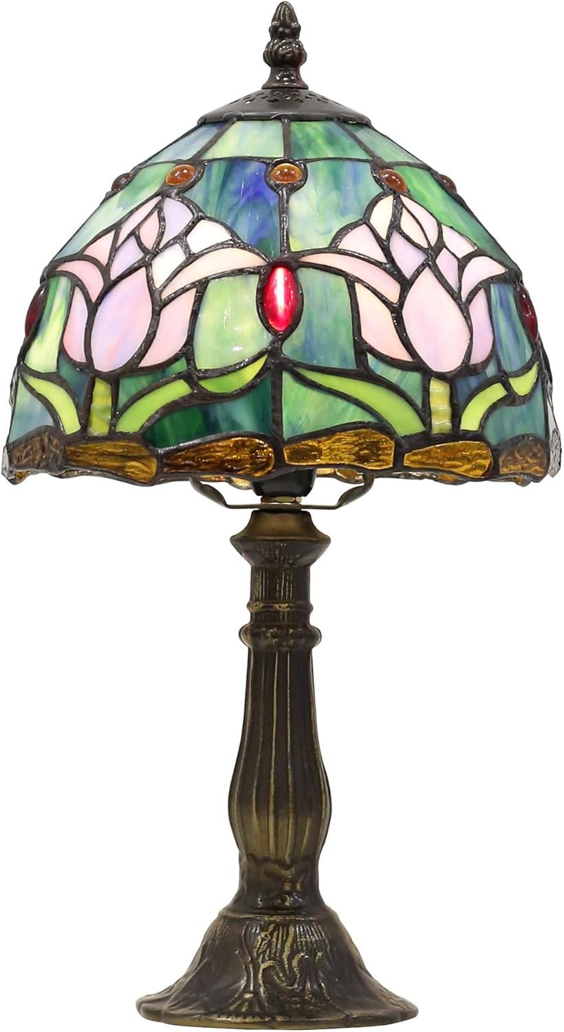 Tiffany Small Table Lamp for Bedroom Bedside Nightstand Table Lamps for Living Room 3 Way Color Temperatures Stained Glass Table Lamp 8X8X15 Inch Home Office Reading Desk Lamp (Pink Tulips)