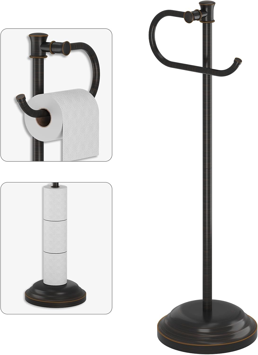 BESy Toilet Paper Holder Free Standing Bathroom Toilet Tissue Holder Stand for Floor Toilet Paper Roll Holder with Storage Hardware Accessories Rack Hand Towel Bar Oil Rubbed Bronze Stainless Steel