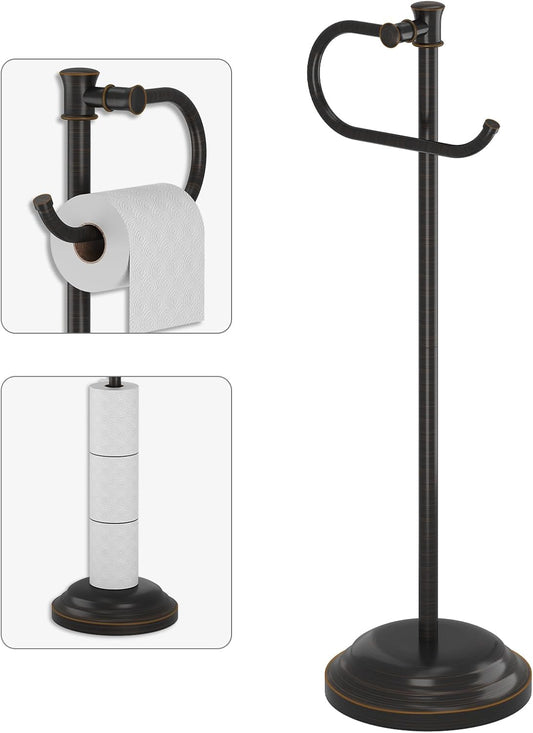 BESy Toilet Paper Holder Free Standing Bathroom Toilet Tissue Holder Stand for Floor Toilet Paper Roll Holder with Storage Hardware Accessories Rack Hand Towel Bar Oil Rubbed Bronze Stainless Steel
