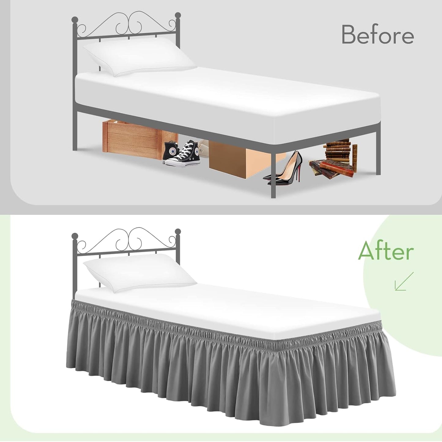 RIMELA Bed Skirt Full Size Silver Grey Bed Skirt 15 Inch Drop, Wrap Around Elastic Adjustable Bedskirt, Dust Ruffle for Bed Frame & Box Spring Soft Durable Fabric Machine Washable Easy to Install