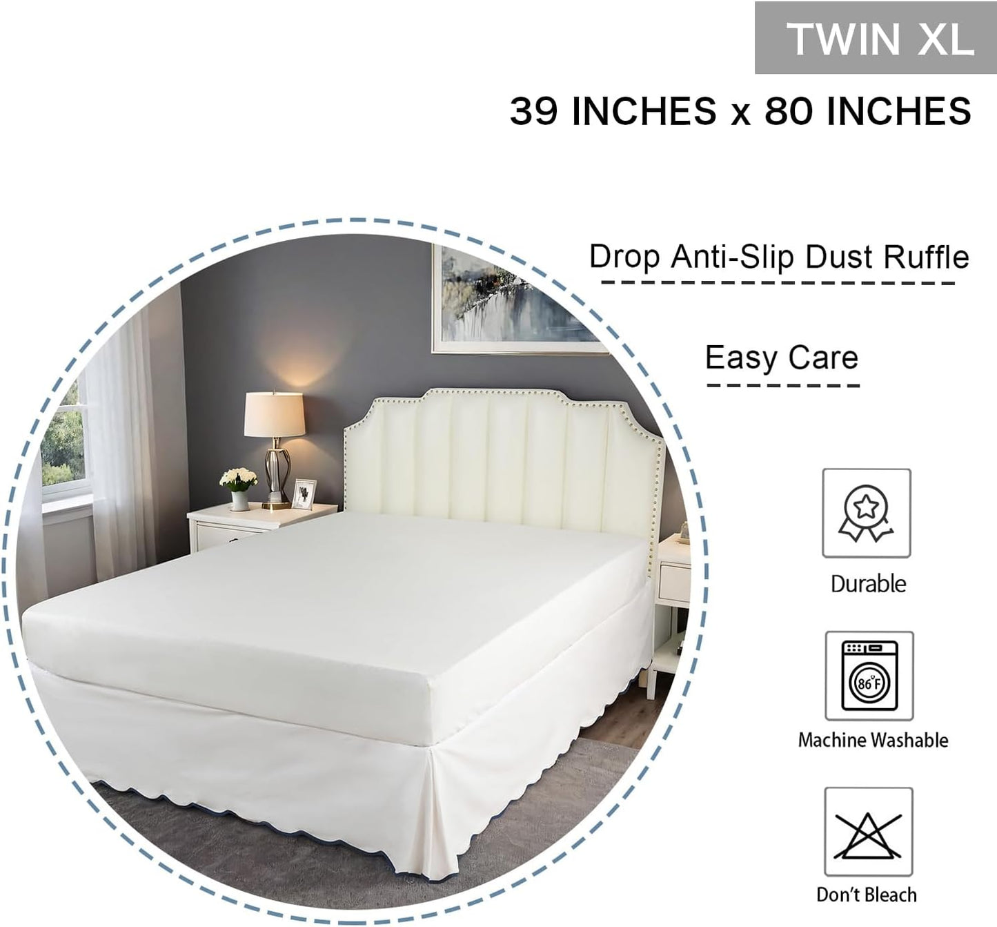 HIG Off-White Chic Twin XL Bed Skirt - Easy Fit Scallop Edge Pleated Bedskirts, 14 Inch Drop Anti-Slip Dust Ruffle, Thick Fabric for Enhanced Privacy, Pre-Washed for Long-Lasting Use(N60022)