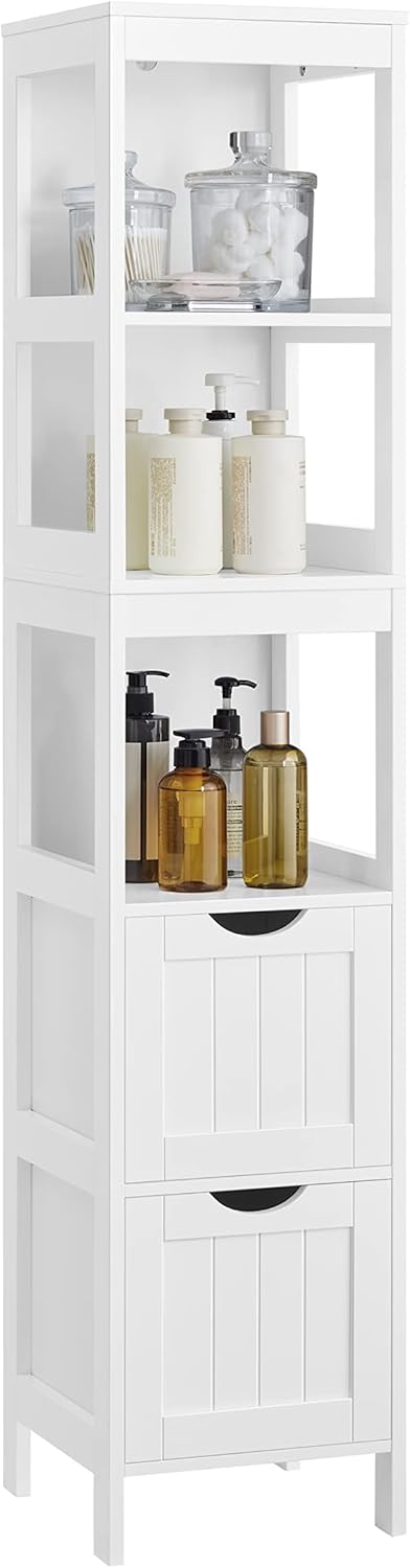 VASAGLE Storage Cabinet, Storage Organizer Rack Stand for Bathroom, Living Room, Bedroom, Multifunctional Corner Unit, 2 Drawers, 55.7 Inches in Height, White UBBC66WT
