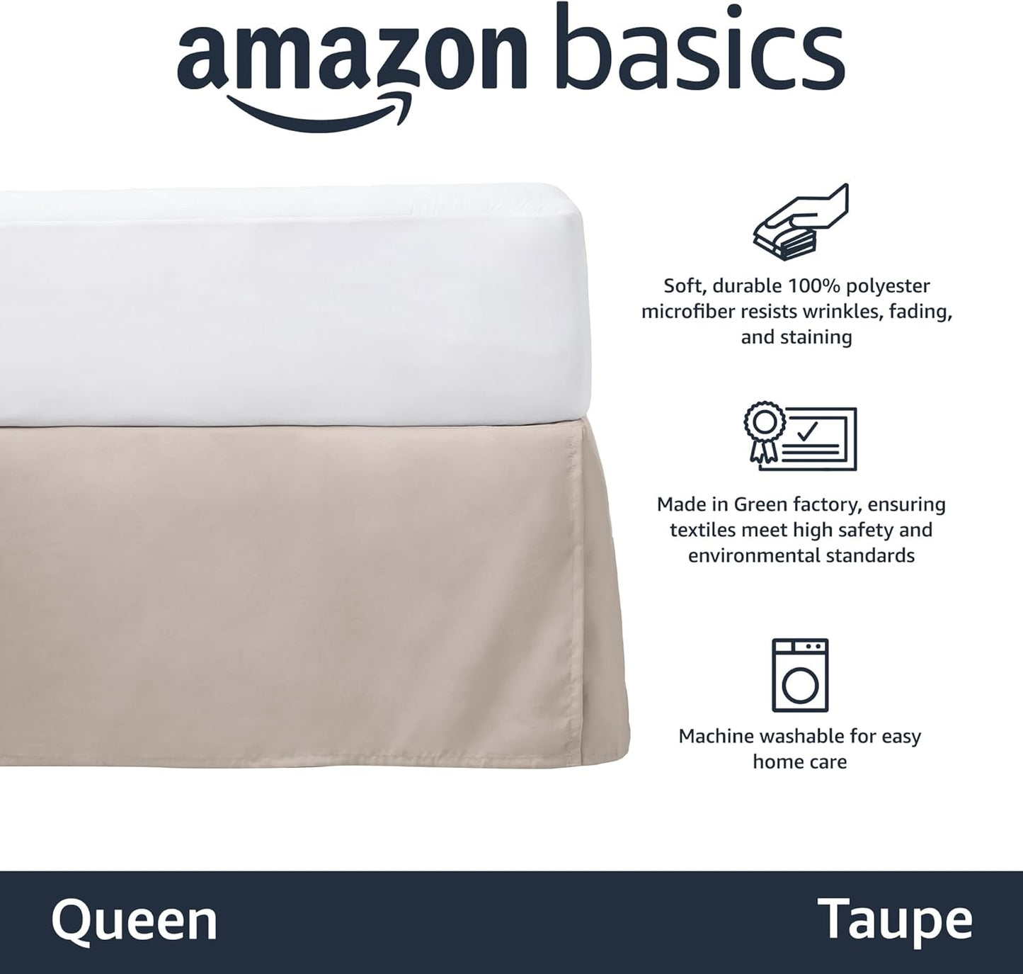 Amazon Basics Lightweight Pleated Bed Skirt, Queen, Taupe, Solid