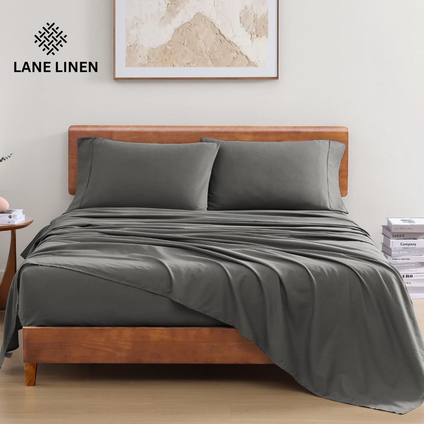 LANE LINEN 100% Organic Cotton Twin Sheets Set, 3PC Twin Bed Sheets, Cotton Sheets Twin Size Bed Set, Dorm Room Essentials with 15" Deep Pocket Fitted Sheet - Charcoal & White Twin Sheets (2 Pack)