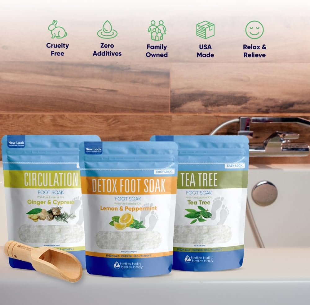 Foot Soak Salts Bundle 3 Pack with Scoop DIY at Home Spa with USP Epsom Salt and Pure Essential Oils in BPA Free Pouch with Easy Press Lock Seal (2 Lbs Each 6 Lbs Total)