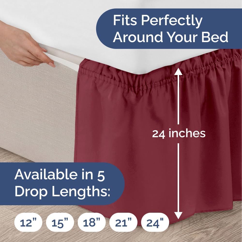 Wrap Around Dust Ruffle Bed Skirt - Burgundy - Twin/Twin XL Size Beds with 24 Inch Drop - Easy Fit Elastic Strap - Adjustable Pleated Bedskirt w/Brushed Fabric Wrinkle Free - Women, Men, Kids & Teens