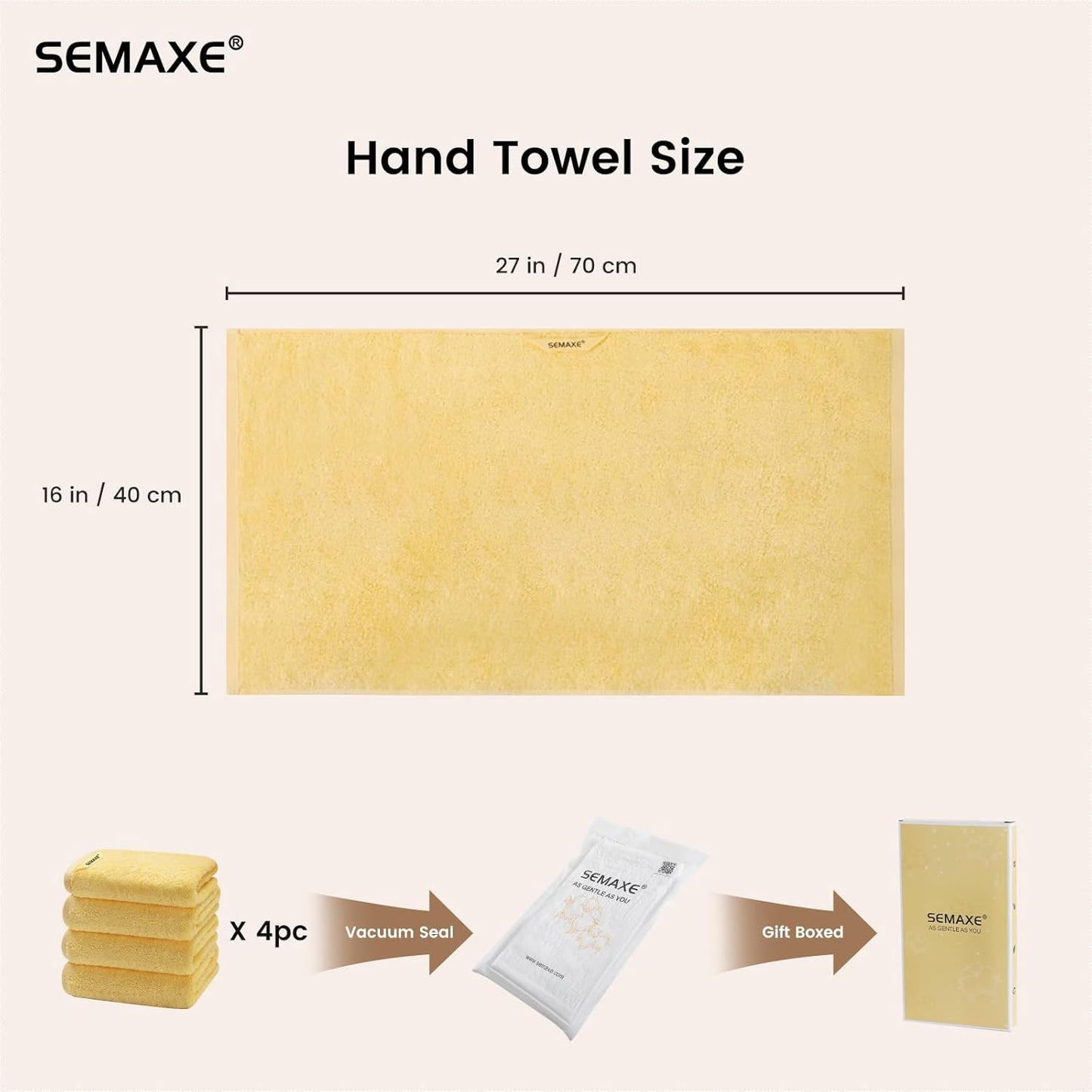 SEMAXE Yellow Hand Towels for Bathroom, 100% Cotton Towels with Hanging Loops, Hotel Spa Quality Absorbent Towels, 27" L x 16" W, 4 Piece Hand Towels, Gift Box Packaging