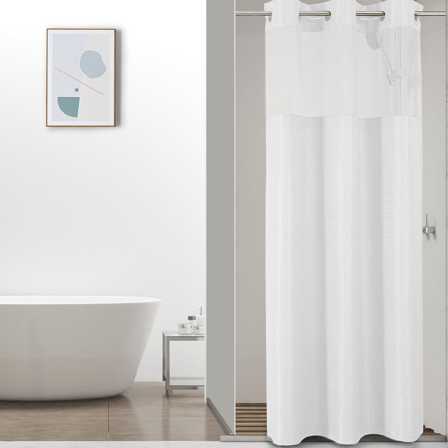 Colorful Star Small Stall Shower Curtain with Snap in Fabric Liner, Waffle Weave No Hook Shower Curtains with Mesh Top Window, Hotel Style Waterproof Bathroom Curtain Set, 36 x 75 Inch, White