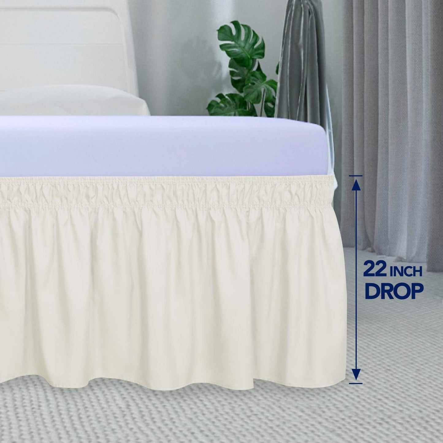 PureFit Wrap Around Ruffled Bed Skirt with Adjustable Elastic Belt - 22 Inch Drop Easy to Put On, Wrinkle Free Bedskirt Dust Ruffles, Bed Frame Cover for Queen, King and C-King Size Beds, Ivory