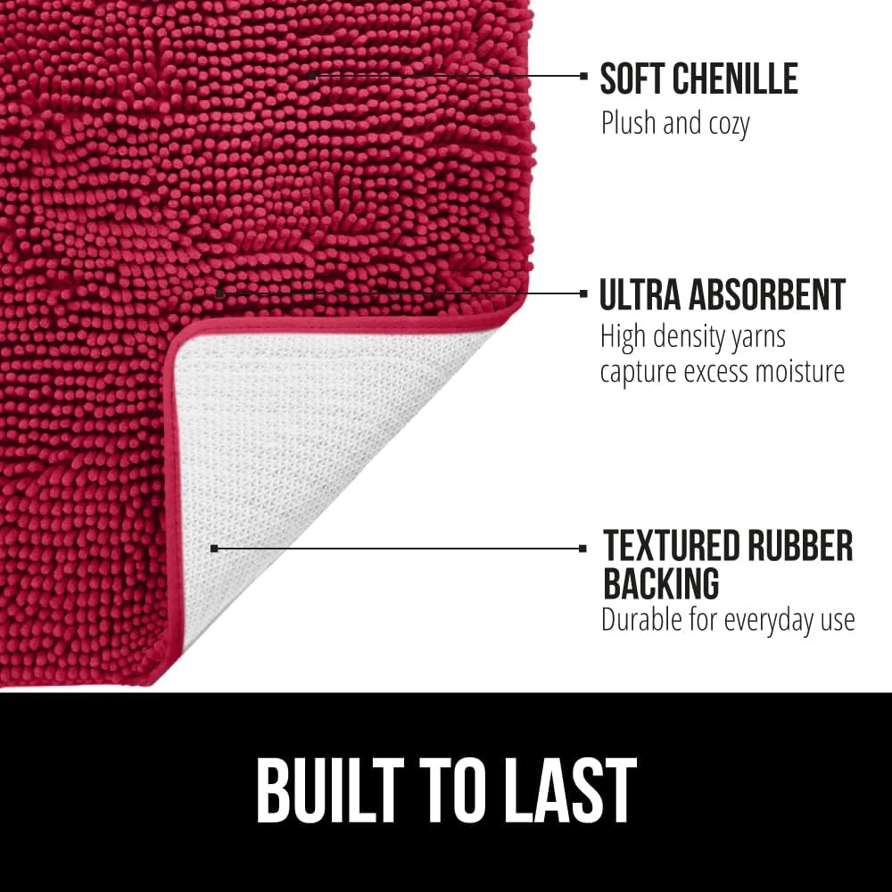 GORILLA GRIP Bath Rug Mat, Thick Soft Absorbent Chenille, Quick Dry Microfiber Mats, Rubber Backing Washable Shower Floor Rugs, Bathmat Runner, US Designed Bathroom Home Decor Accessories 24x17, Red