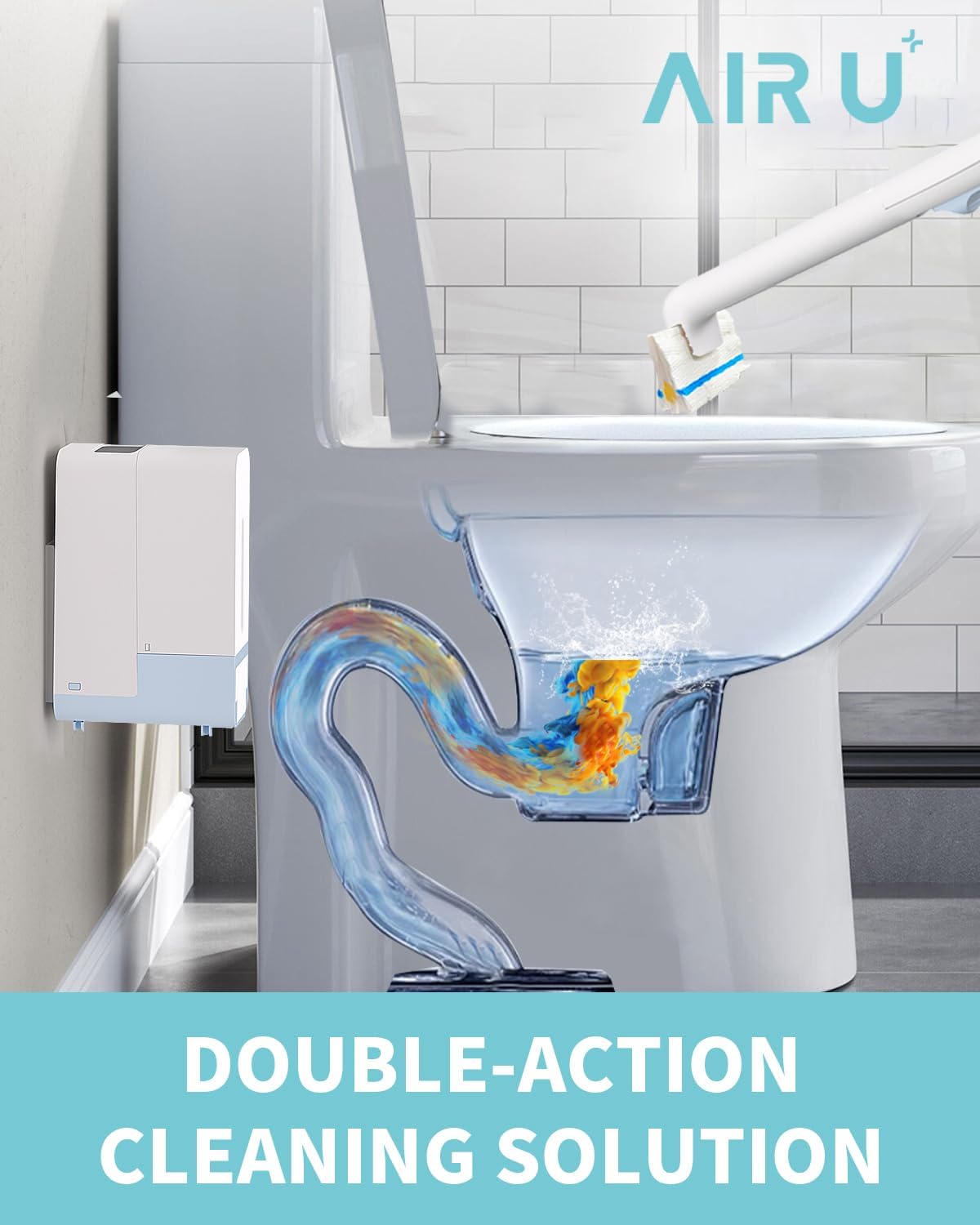 AIR U+ Disposable Toilet Brush Wand for Scrubbing Bubbles Flushable Refills, Wall Mount Toilet Cleaning System with 24 Count Refills + 1 Toilet Wand + 1 Automatic Visual Caddy