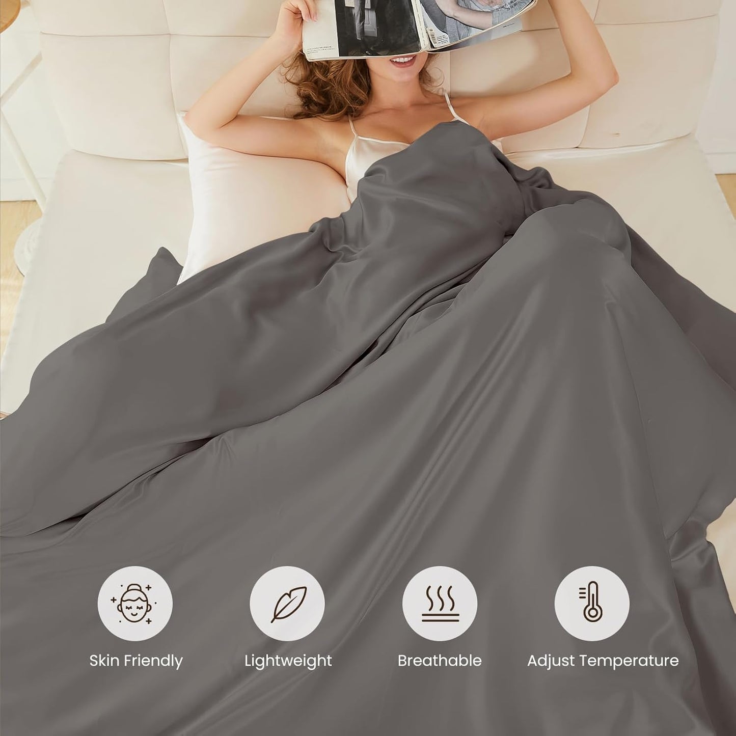 THXSILK 100% Pure Mulberry Silk Duvet Cover Set 3 Piece, 6A+ Grade Luxury Soft Bedding Silk Sheets for Hair and Skin, 1 Pcs Duvet/Quilt/Comforter Cover with 2 Zippered Pillowcases (Charcoal, King)