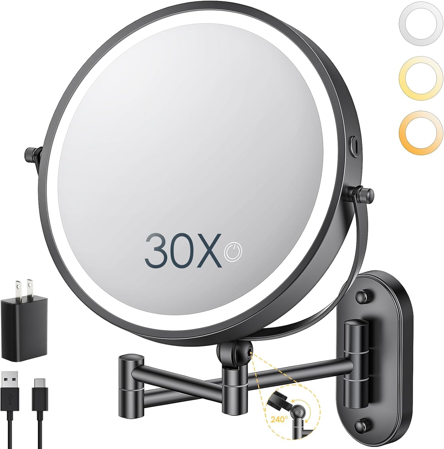 9" Wall Mounted Lighted Makeup Mirror,4000mAh Rechargeable Double Sided 1X/30X Magnifying Mirror with Light,Touch Dimmable,Extended Arm 360 Rotation Wall Mounted Makeup Mirror 3 Color Lights