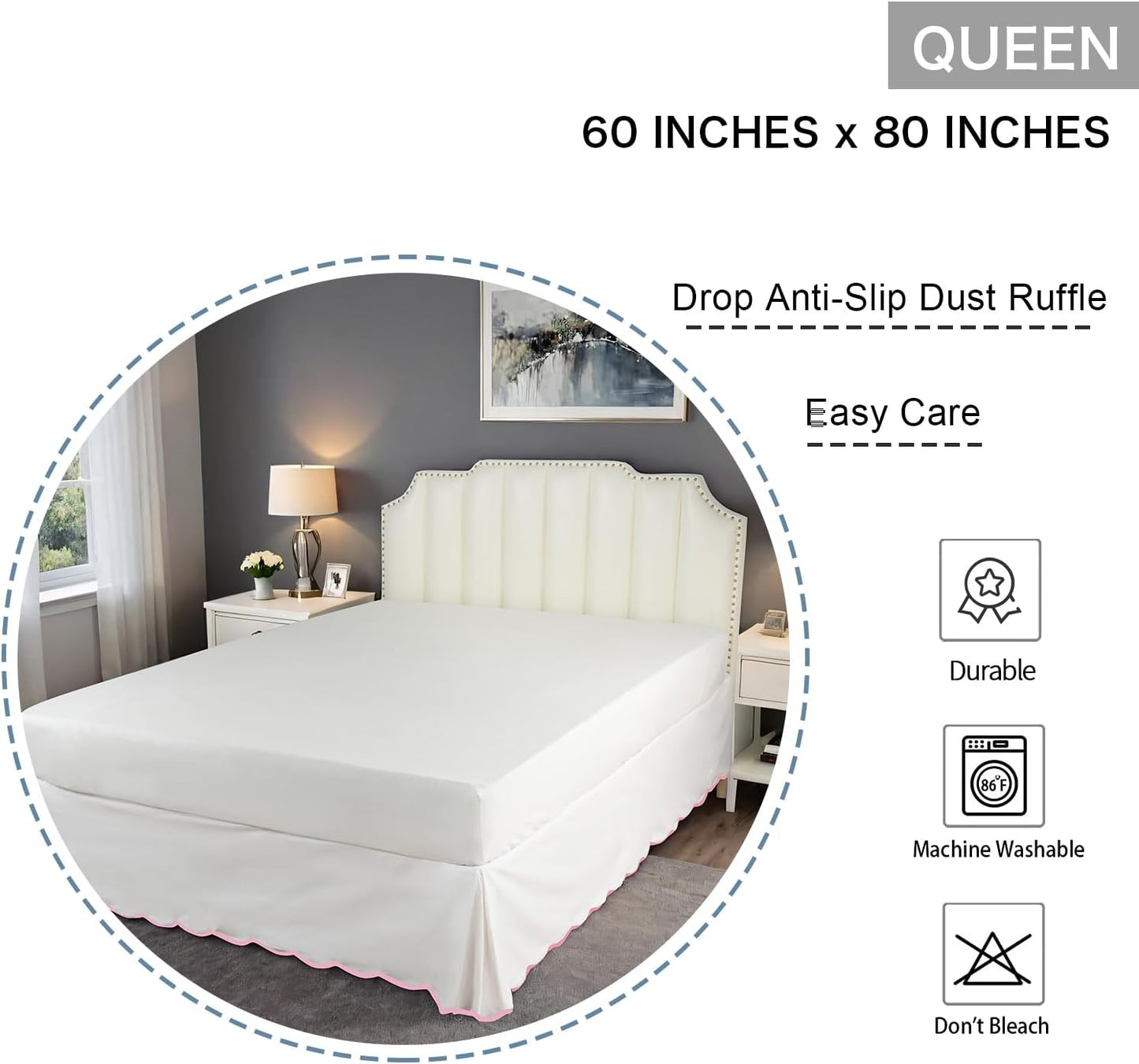 HIG Off-White Chic Queen Bed Skirt - Easy Fit Scallop Edge Pleated Bedskirts, 14 Inch Drop Anti-Slip Dust Ruffle, Thick Fabric for Enhanced Privacy, Pre-Washed for Long-Lasting Use(N60022)