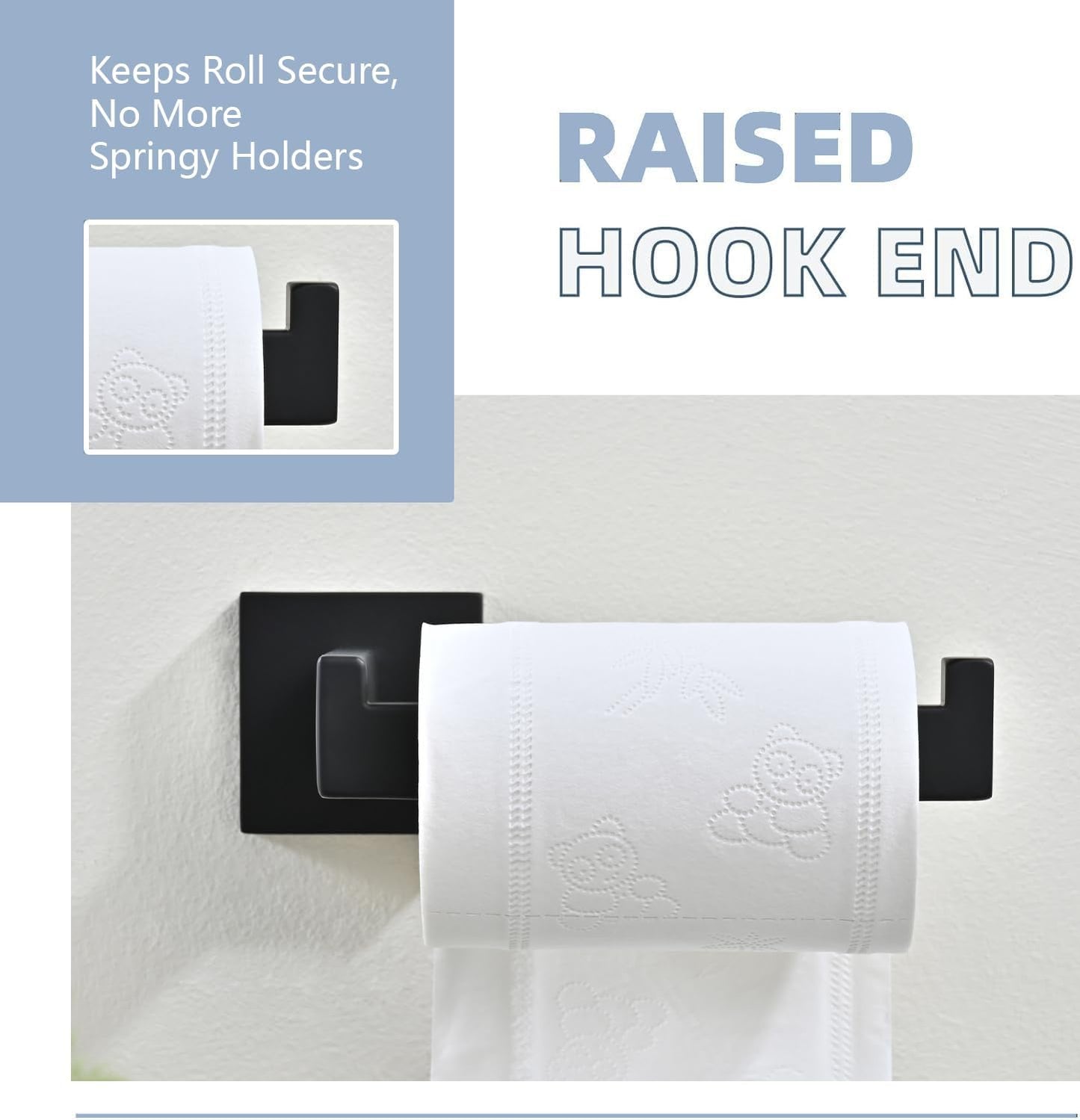 3PCS Bathroom Hardware Set, Matte Black Toilet Paper Holder, 2 Square Towel Robe Hooks, SUS 304 Stainless Steel, Wall Mounted, Modern, Rust‑Resistant (Black)