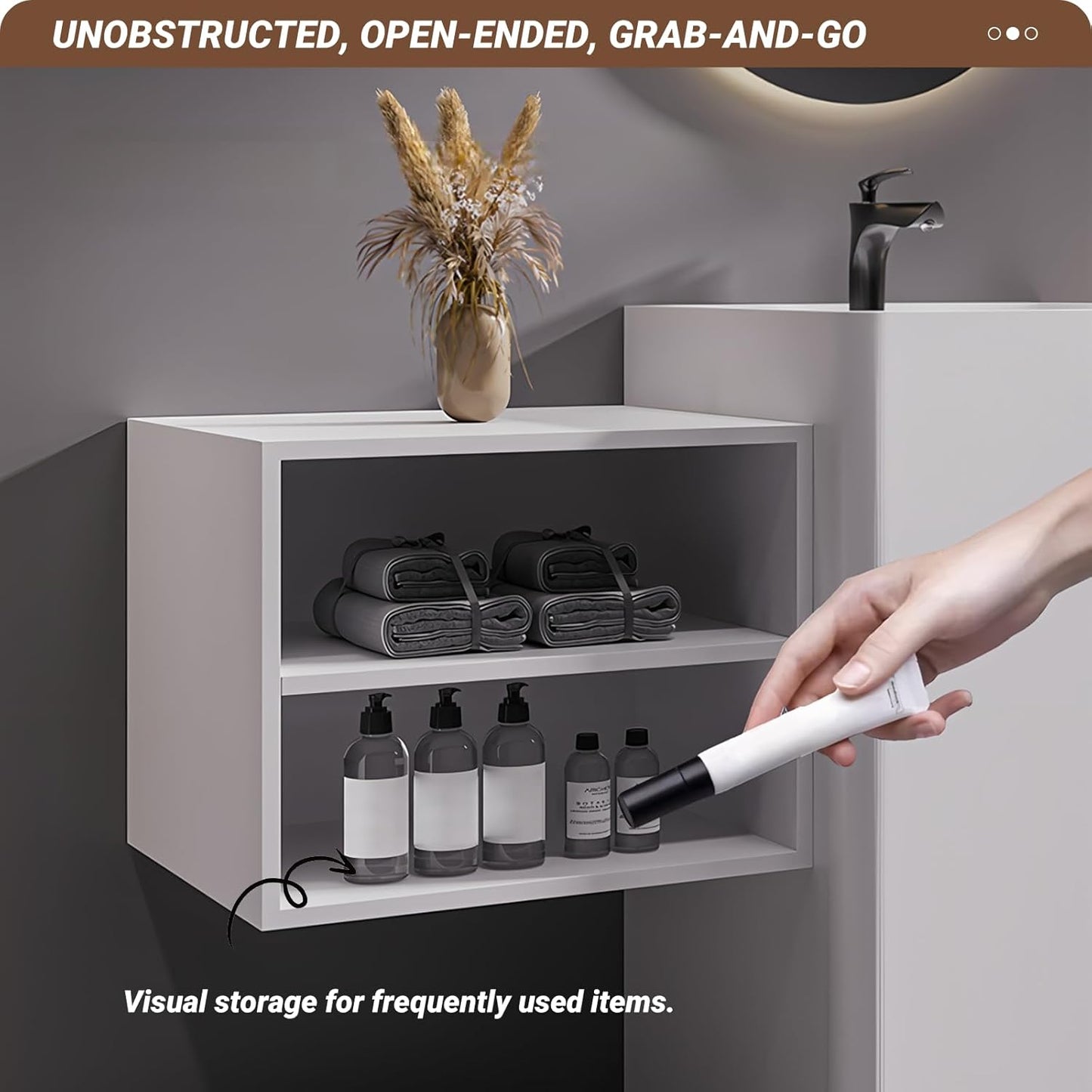 80Inch Freestanding Sink Bathroom Vanity, Wall-Mount Bathroom Cabinet with Open Storage and Striped Drawers, Solid Wood Bathroom Vanity with Smart Defog Mirror and Spacious Rock Plate Countertop