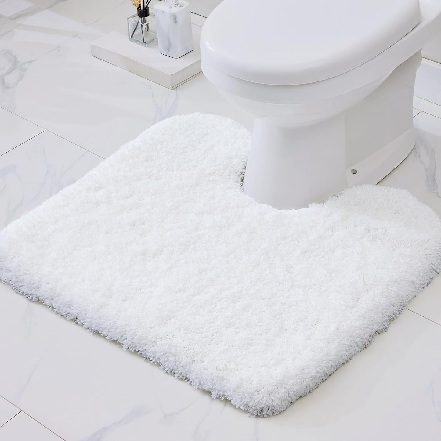 White Toilet Rug 22x24 Non Slip Fluffy Toilet Floor Mat U Shaped Washable Bathroom Contour Rug for Toilet Absorbent Shaggy Toilet Foot Rug